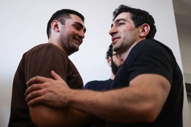 ARMENIA, YEREVAN - AUGUST 25, 2026: Levon Kocharyan (R), a member of the Armenia faction (Alliance Armenia) in the National Assembly of Armenia and son of former Armenian President Robert Kocharyan (1998-2008) is seen outside his apartment. The Armenian Anti-Corruption Committee accuses Robert Kocharyan of using his official position to acquire property at a price below its market value. Alexander Patrin TASS  96625467