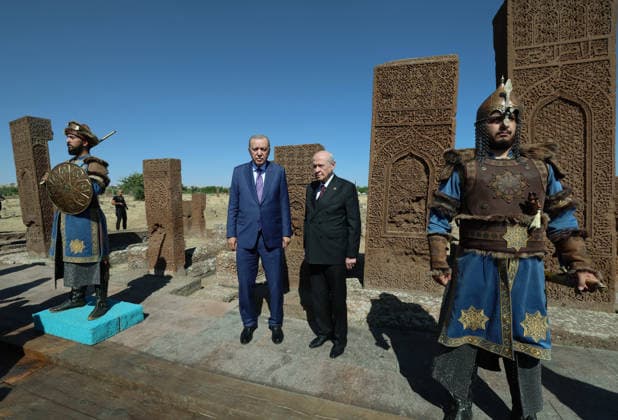 Turkish President Recep Tayyip Erdogan visits Seljuk Square Cemetery in eastern Turkiye BITLIS, TURKIYE - AUGUST 25: (----EDITORIAL USE ONLY - MANDATORY CREDIT - TURKISH PRESIDENCY MURAT CETINMUHURDAR HANDOUT - NO MARKETING NO ADVERTISING CAMPAIGNS - DISTRIBUTED AS A SERVICE TO CLIENTS----) Turkish President Recep Tayyip Erdogan (L) poses for a photo with Nationalist Movement Party (MHP) Chairman Devlet Bahceli (R) during his visit to the Seljuk Square Cemetery in Ahlat district of Bitlis, Turkiye, on August 25, 2026. Turkish President Recep Tayyip Erdogan visited Ahlat as part of events marking the 955th anniversary of the Victory of Malazgirt. Turkish Presidency Murat Cetinmuhurdar Anadolu Bitlis Turkey. Editorial use only. Pleas  Copyright: x2026xAnadoluxTurkishxPresidency xMuratxCetinmuhurdarx