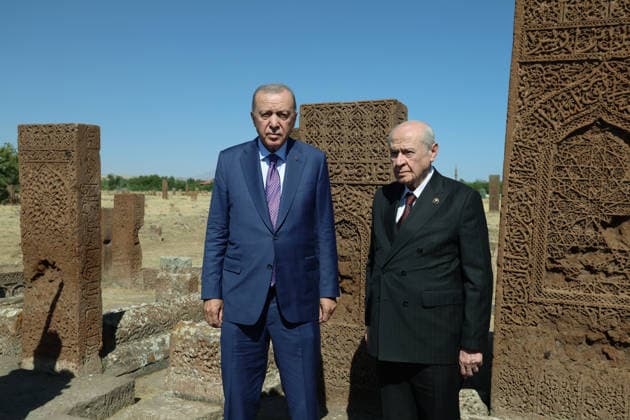 Turkish President Recep Tayyip Erdogan visits Seljuk Square Cemetery in eastern Turkiye BITLIS, TURKIYE - AUGUST 25: (----EDITORIAL USE ONLY - MANDATORY CREDIT - TURKISH PRESIDENCY MURAT CETINMUHURDAR HANDOUT - NO MARKETING NO ADVERTISING CAMPAIGNS - DISTRIBUTED AS A SERVICE TO CLIENTS----) Turkish President Recep Tayyip Erdogan (L) poses for a photo with Nationalist Movement Party (MHP) Chairman Devlet Bahceli (R) during his visit to the Seljuk Square Cemetery in Ahlat district of Bitlis, Turkiye, on August 25, 2026. Turkish President Recep Tayyip Erdogan visited Ahlat as part of events marking the 955th anniversary of the Victory of Malazgirt. Turkish Presidency Murat Cetinmuhurdar Anadolu Bitlis Turkey. Editorial use only. Pleas  Copyright: x2026xAnadoluxTurkishxPresidency xMuratxCetinmuhurdarx