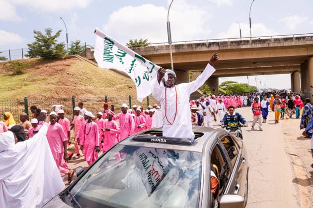 Mawlid al-Nabi in Nigeria ABUJA, NIGERIA - AUGUST 25 : Hundreds of people gather to celebrate Mawlid al-Nabi in colorful attire as they parade through the streets in Abuja, Nigeria on August 25, 2026. Participants wave, offer prayers, and recite hymns to mark the birth of Prophet Muhammad in Nigeria, the most populous Muslim nation in Africa. Emmanuel Osodi Anadolu Abuja Nigeria. Editorial use only. Please get in touch for any other usage.  Copyright: x2026xAnadoluxEmmanuelxOsodix