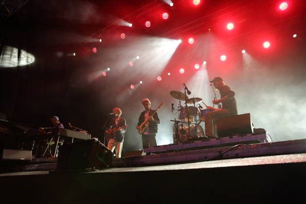 Daniel Nentwig, Erlend Oye, Marcin Öz und Sebastian Maschat, v.l., von der Band The Whitest Boy Alive bei einem Open-Air-Konzert am Waschhaus in Potsdam, 25. August 2026. The Whitest Boy Alive Konzert Potsdam *** Daniel Nentwig, Erlend Oye, Marcin Öz, and Sebastian Maschat (from left) of the band The Whitest Boy Alive at an open-air concert at the Waschhaus in Potsdam on August 25, 2026. The Whitest Boy Alive Concert in Potsdam