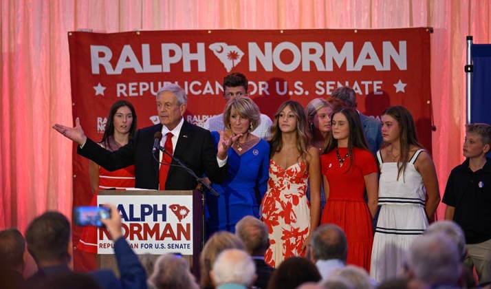 Ralph Norman concedes defeat in South Carolina Senate primary runoff ROCK HILL, USA - AUGUST 25: US Representative Ralph Norman delivers a speech as he holds a watch party on the eve of elections for the US Senate Special Republican Party primary runoff and accepts his defeat to Darline Graham in Rock Hill SC, United States on August 25, 2026. Peter Zay Anadolu South Carolina United States. Editorial use only. Please get in touch for any other usage.  Copyright: x2026xAnadoluxPeterxZayx