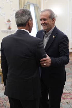 August 25, 2026, Tehran, Iran: Iranian President Masoud Pezeshkian (R) meets Faiq Zidan (L), president of IraqÃ¢â‚¬â ¢s Supreme Judicial Council, and his accompanying delegation in Tehran, Iran, on August 25, 2026. During the meeting, Pezeshkian called for closer political, economic, cultural and social cooperation between Iran, Iraq and other Muslim countries, while Zidan said stronger bilateral and regional ties could contribute to greater security and stability. Zidan was visiting Tehran for talks with senior Iranian officials on bilateral judicial, legal and political cooperation. Tehran Iran - ZUMAi98_ 20260825_zih_i98_002 Copyright: xIranianxPresidencyx