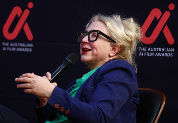 AI FILM AWARDS, Director Julie Eckersley speaks during the inaugural Australian AI Film Awards at The Precinct in Brisbane, Queensland, Australia, Tuesday, August 25, 2026. ( NO ARCHIVING Brisbane Queensland Australia  Copyright: xx 20260826170629292663