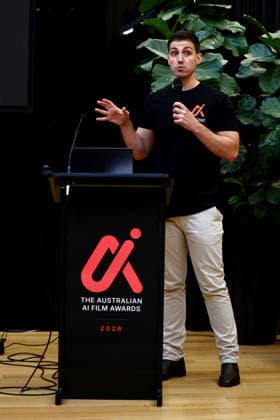 AI FILM AWARDS, Director Jamie van Leeuwen speaks during the inaugural Australian AI Film Awards at The Precinct in Brisbane, Queensland, Australia, Tuesday, August 25, 2026. ( NO ARCHIVING Brisbane Queensland Australia  Copyright: xx 20260826147076704795