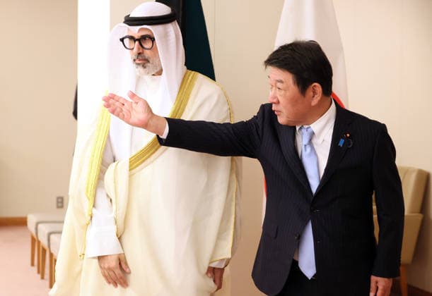 August 26, 2026, Tokyo, Japan - Kuwaiti Foreign Minister Sheikh Jarrah Jaber Al-Ahmed Al-Sabah (L) is greeted by his Japanese counterpart Toshimitsu Motegi (R) for their talks at Motegi s officeand in Tokyo on Wednesday, August 26, 2026. (photo by Yoshio Tsunoda AFLO)  aflo_343057162