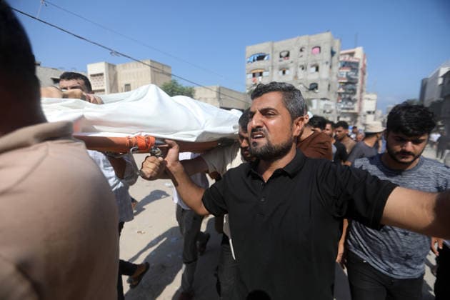 Palestinians Bury Three Killed in Israeli Strike in Jabalia Palestinians attend the funeral of three people at al-Shifa Hospital in Gaza City on August 26, 2026, after they were killed in an Israeli strike in Jabalia refugee camp, in the northern Gaza Strip. Photo by Bilal Osama apaimages Gaza city Gaza Strip Palestinian Territory 260826_Gaza_BO_00(24) Copyright: xapaimagesxBilalxOsamax xapaimagesx