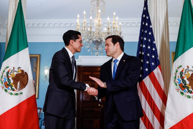 U.S. Secretary of State Marco Rubio meets with Mexican Foreign Secretary Roberto Velasco WASHINGTON, D.C., UNITED STATES - AUGUST 26: U.S. Secretary of State Marco Rubio (R) greets Mexican Foreign Secretary Roberto Velasco (L) before a bilateral meeting at the U.S. Department of State in Washington, D.C., on August 26, 2026. Mehmet Eser Anadolu Washington, D.C. United States. Editorial use only. Please get in touch for any other usage.  Copyright: x2026xAnadoluxMehmetxEserx