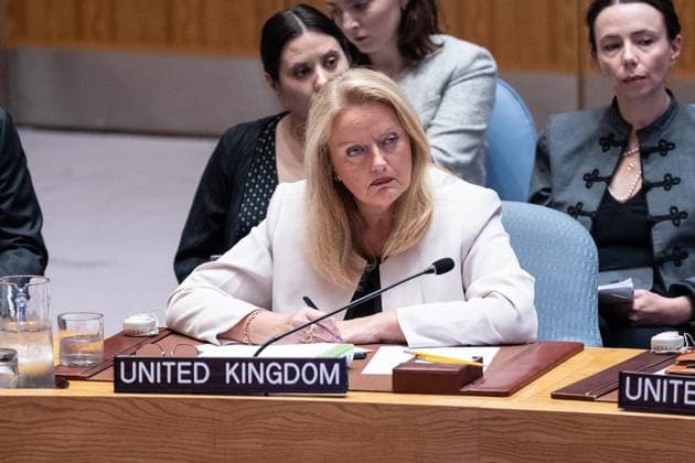 August 26, 2026, Bronx, New York, USA: Ambassador, Dame Sarah MacIntosh of United Kingdom participates at monthly Security Council meeting on Middle East including Palestinian question at UN Headquarters in New York, NY on August 26, 2026. Bronx USA - ZUMAr339 20260826_znp_r339_021 Copyright: xLevxRadinx