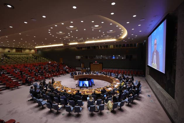 August 26, 2026, New York, New York, United States: A wide view of the UN Security Council chamber during a meeting on the situation in the Middle East, including the Palestinian question, with RAMIZ ALAKBAROV, UN Acting Special Coordinator for the Middle East Peace Process, seen on screens during his briefing to Council members. New York United States - ZUMAo116 20260826_znp_o116_003 Copyright: xBiancaxOterox