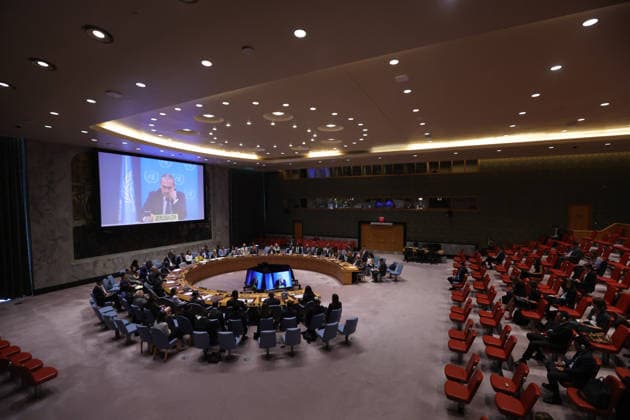August 26, 2026, New York, New York, United States: A wide view of the UN Security Council chamber during a meeting on the situation in the Middle East, including the Palestinian question, with RAMIZ ALAKBAROV, UN Acting Special Coordinator for the Middle East Peace Process, seen on screens during his briefing to Council members. New York United States - ZUMAo116 20260826_znp_o116_007 Copyright: xBiancaxOterox
