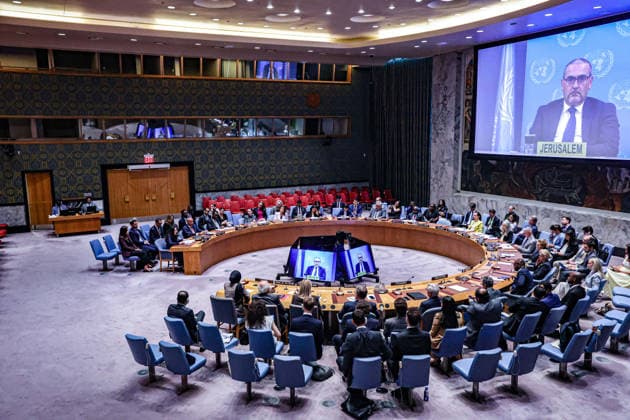 August 26, 2026, New York, New York, United States: A wide view of the UN Security Council chamber during a meeting on the situation in the Middle East, including the Palestinian question, with RAMIZ ALAKBAROV, UN Acting Special Coordinator for the Middle East Peace Process, seen on screens during his briefing to Council members. New York United States - ZUMAo116 20260826_znp_o116_008 Copyright: xBiancaxOterox