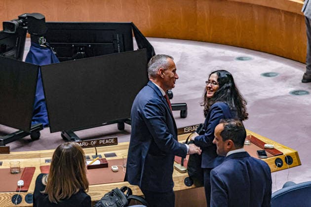 August 26, 2026, New York, New York, United States: L-R: NICKOLAY MLADENOV, High Representative for Gaza for the Board of Peace, speaks with NOA FURMAN, Deputy Permanent Representative of Israel to the United Nations, inside the Security Council chamber following a meeting on Gaza. During the session, Mladenov raised concerns over military actions and humanitarian restrictions while pressing for the peace plan and HamasÃ¢â‚¬â ¢s disarmament, while Israel maintained demilitarization is required for the process to move forward. New York United States - ZUMAo116 20260826_znp_o116_020 Copyright: xBiancaxOterox