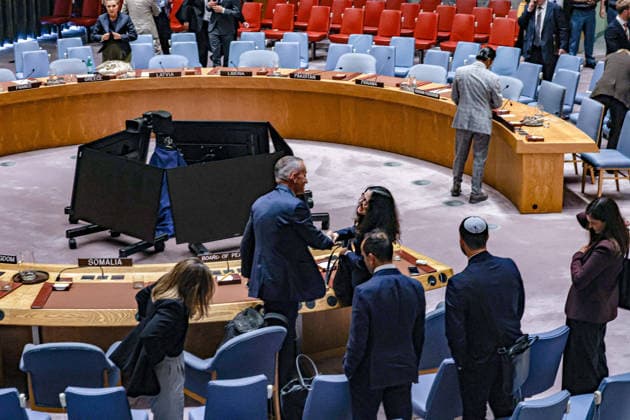 August 26, 2026, New York, New York, United States: L-R: NICKOLAY MLADENOV, High Representative for Gaza for the Board of Peace, speaks with NOA FURMAN, Deputy Permanent Representative of Israel to the United Nations, inside the Security Council chamber following a meeting on Gaza. During the session, Mladenov raised concerns over military actions and humanitarian restrictions while pressing for the peace plan and HamasÃ¢â‚¬â ¢s disarmament, while Israel maintained demilitarization is required for the process to move forward. New York United States - ZUMAo116 20260826_znp_o116_019 Copyright: xBiancaxOterox
