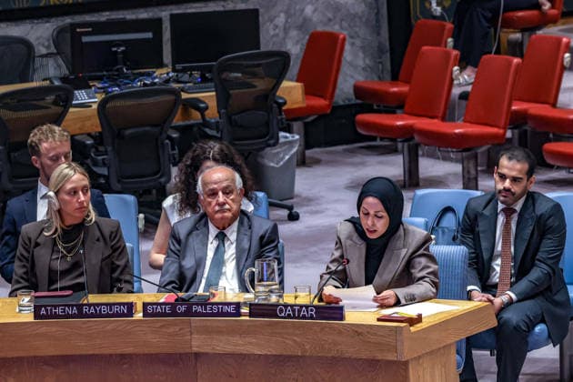 August 26, 2026, New York, New York, United States: ATHENA RAYBURN, Executive Director of the Association of International Development Agencies (AIDA), RIYAD MANSOUR, Permanent Observer of the State of Palestine to the United Nations, and ALYA AHMED SAIF AL-THANI, Permanent Representative of Qatar to the United Nations, inside the Security Council chamber during a meeting on the situation in the Middle East, including the Palestinian question. New York United States - ZUMAo116 20260826_znp_o116_024 Copyright: xBiancaxOterox