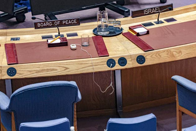 August 26, 2026, New York, New York, United States: Empty chairs behind the Board of Peace and Israel nameplates inside the Security Council chamber following a meeting on the situation in the Middle East, including the Palestinian question. New York United States - ZUMAo116 20260826_znp_o116_027 Copyright: xBiancaxOterox