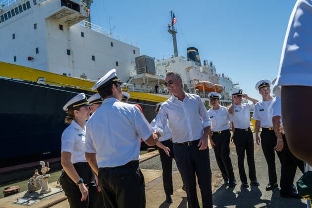 August 26, 2026, Vallejo, Ca: Governor Gavin Newsom thanks cadets after he announced 8.5 million in state grants for maritime projects at an event in front of the Golden Bear Training Ship at Mare Island on Wednesday, Aug. 26, 2026, in Vallejo. Vallejo - ZUMAby1_ 20260826_fap_by1_001 Copyright: xRenÃ exC.xByerx