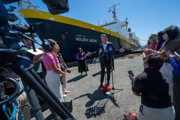 August 26, 2026, Vallejo, Ca: Governor Gavin Newsom answers questions after he announced 8.5 million in state grants for maritime projects at an event in front of the Golden Bear Training Ship at Mare Island on Wednesday, Aug. 26, 2026, in Vallejo. Vallejo - ZUMAby1_ 20260826_fap_by1_005 Copyright: xRenÃ exC.xByerx