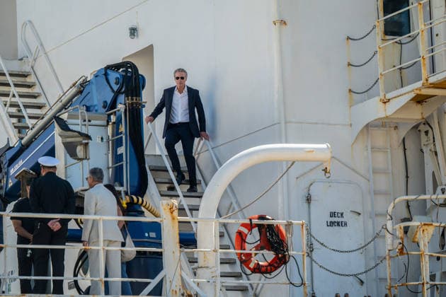 August 26, 2026, Vallejo, Ca: Governor Gavin Newsom navigates down the stairs of the Golden Bear Training Ship after a private tour before he announced 8.5 million in state grants for maritime projects at an event at Mare Island on Wednesday, Aug. 26, 2026, in Vallejo. Vallejo - ZUMAby1_ 20260826_fap_by1_008 Copyright: xRenÃ exC.xByerx