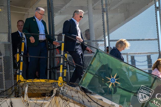 August 26, 2026, Vallejo, Ca: Governor Gavin Newsom departs the Golden Bear Training Ship after a private tour before he announced 8.5 million in state grants for maritime projects at an event at Mare Island on Wednesday, Aug. 26, 2026, in Vallejo. Vallejo - ZUMAby1_ 20260826_fap_by1_010 Copyright: xRenÃ exC.xByerx