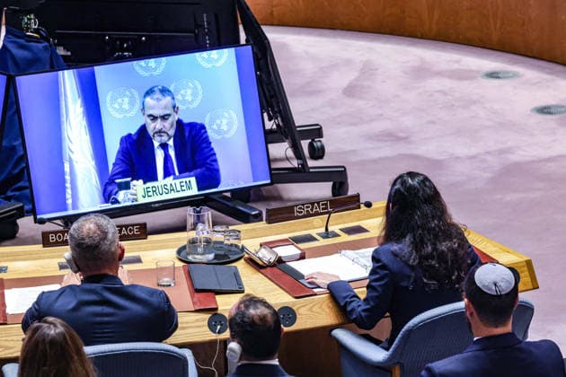 August 26, 2026, New York, New York, United States: NICKOLAY MLADENOV, High Representative for Gaza for the Board of Peace, and NOA FURMAN, Deputy Permanent Representative of Israel to the UN, seen from behind as RAMIZ ALAKBAROV, UN Acting Special Coordinator for the Middle East Peace Process, the Security Council is projected on screen remotely from Jerusalem during a meeting on the situation in the Middle East, including the Palestinian question. New York United States - ZUMAo116 20260826_znp_o116_029 Copyright: xBiancaxOterox