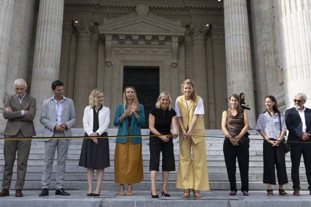 Brussels region State Secretary Audrey Henry (3L); Brussels region state secretary Ans Persoons; Minister of Public Modernisation Vanessa Matz; Minister of Justice Annelies Verlinden and +pictured during a press briefing to mark the completion of the restoration of the front facade of the Brussels Courthouse (Palais de Justice Justitie Paleis), on Thursday 27 August 2026.  NICOLASxMAETERLINCK 184470030