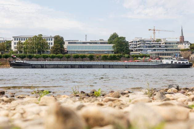 Binnenschiff passiert Rhein bei Bonn. Bonn, 27. August 2026: Ein Binnenschiff fährt auf dem Rhein bei Bonn. Im Vordergrund sind größere Flächen aus freiliegendem Sand und Kies zu sehen, die den aktuell niedrigen Wasserstand des Flusses sichtbar machen. Nach einer längeren Trockenperiode hat sich die Lage am Rhein zuletzt etwas entspannt. Der Pegel Bonn lag am frühen Morgen des 27. August bei 118 Zentimetern. Mitte August waren am Rhein vielerorts historische Tiefststände erreicht worden. Trotz inzwischen steigender Pegel bleibt das Niedrigwasser eine Herausforderung für die Binnenschifffahrt; Frachtschiffe können teilweise weiterhin nicht voll beladen werden. Bonn Beuel Nordrhein-Westfalen Deutschland *** Inland waterway vessel pa