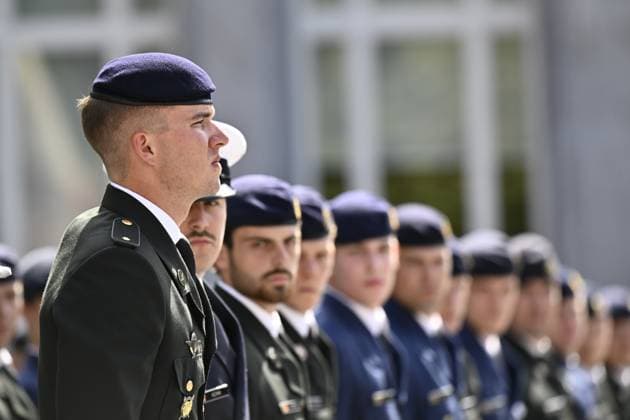 Prince Gabriel pictured at the graduation ceremony for cadets at the Royal Military Academy (RMA), in Brussels, on Thursday 27 August 2026. Graduates of the 176th Polytechnic Class, the 162nd Class in Social and Military Sciences to which the Prince belongs and various classes of the Special Division are honored during the ceremony.  ERICxLALMAND 184479849