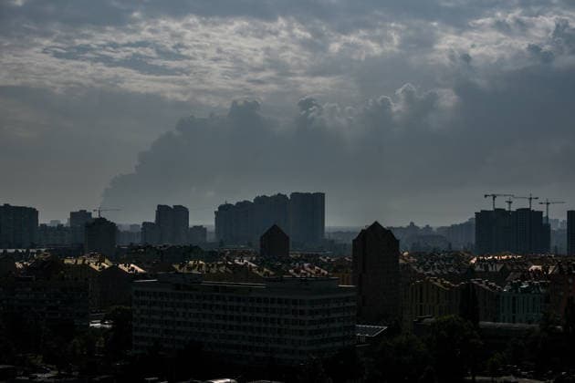 RECORD DATE NOT STATED Smoke rises over the Ukrainian capital following a Russian attack, Kyiv, Ukraine, on August 27, 2026. Since the night of August 27, Russian forces have been attacking the capital with ballistic missiles and strike drones. The overnight and daytime attacks have caused destruction and falling debris in several districts of Kyiv. Residential buildings, cars, a gymnasium and a medical facility have been damaged (Photo by Yevhen Kotenko Ukrinform) Smoke billows over Kyiv following Russian attack  Copyright: xYevhenxKotenkox