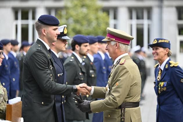 Prince Gabriel; King Philippe - Filip of Belgium pictured during the graduation ceremony for cadets at the Royal Military Academy (RMA), in Brussels, on Thursday 27 August 2026. Graduates of the 176th Polytechnic Class, the 162nd Class in Social and Military Sciences to which the Prince belongs and various classes of the Special Division are honored during the ceremony.  ERICxLALMAND 184488709
