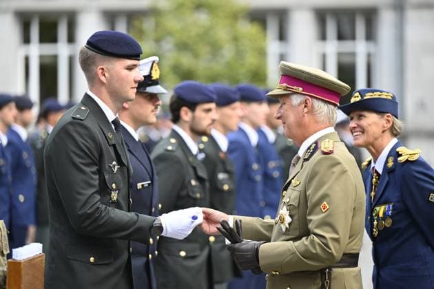 Prince Gabriel; King Philippe - Filip of Belgium pictured during the graduation ceremony for cadets at the Royal Military Academy (RMA), in Brussels, on Thursday 27 August 2026. Graduates of the 176th Polytechnic Class, the 162nd Class in Social and Military Sciences to which the Prince belongs and various classes of the Special Division are honored during the ceremony.  ERICxLALMAND 184489762
