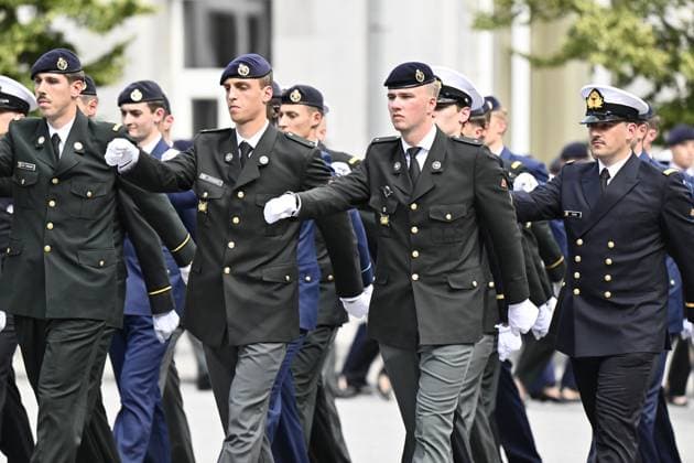 Prince Gabriel pictured during the graduation ceremony for cadets at the Royal Military Academy (RMA), in Brussels, on Thursday 27 August 2026. Graduates of the 176th Polytechnic Class, the 162nd Class in Social and Military Sciences to which the Prince belongs and various classes of the Special Division are honored during the ceremony.  ERICxLALMAND 184492602