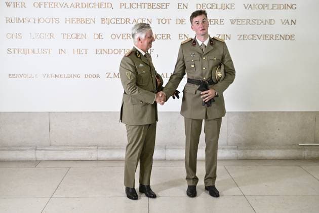 King Philippe - Filip of Belgium; Prince Gabriel pictured during the graduation ceremony for cadets at the Royal Military Academy (RMA), in Brussels, on Thursday 27 August 2026. Graduates of the 176th Polytechnic Class, the 162nd Class in Social and Military Sciences to which the Prince belongs and various classes of the Special Division are honored during the ceremony.  ERICxLALMAND 184494808
