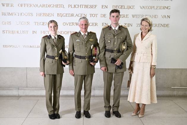 Princess Eleonore; King Philippe - Filip of Belgium; Prince Gabriel and Queen Mathilde of Belgium pictured during the graduation ceremony for cadets at the Royal Military Academy (RMA), in Brussels, on Thursday 27 August 2026. Graduates of the 176th Polytechnic Class, the 162nd Class in Social and Military Sciences to which the Prince belongs and various classes of the Special Division are honored during the ceremony.  ERICxLALMAND 184494809