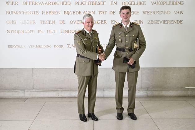 King Philippe - Filip of Belgium; Prince Gabriel pictured during the graduation ceremony for cadets at the Royal Military Academy (RMA), in Brussels, on Thursday 27 August 2026. Graduates of the 176th Polytechnic Class, the 162nd Class in Social and Military Sciences to which the Prince belongs and various classes of the Special Division are honored during the ceremony.  ERICxLALMAND 184494898