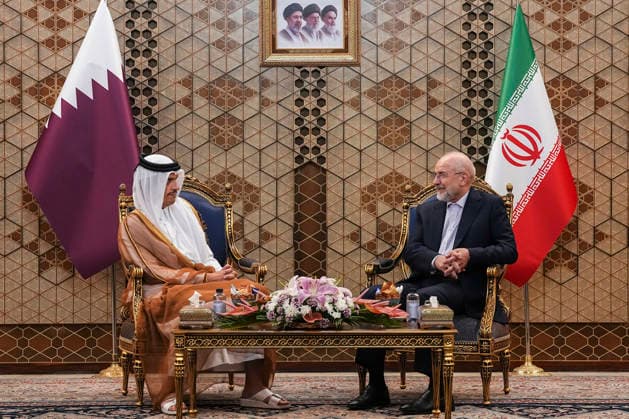 Qatar and Iran Discuss Diplomacy Qatar™s Prime Minister and Foreign Minister Sheikh Mohammed bin Abdulrahman bin Jassim Al Thani and Iranian Parliament Speaker Mohammad Bagher Ghalibaf sit opposite each other during talks, with the Qatari and Iranian flags behind them, in Tehran, Iran, on August 27, 2026. The two officials discussed regional developments, efforts to reduce tensions, and ways to create conditions for the resumption of diplomatic dialogue, with the Qatari prime minister stressing that diplomacy remained the best means of resolving disputes and preventing further escalation. Tehran Tehran Iran Copyright: xHamedxMalekpourx