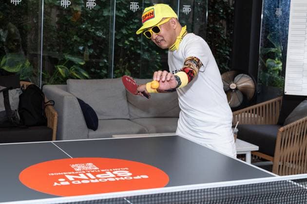 August 27, 2026, Bronx, New York, USA: Kazuyuki Yokoyama aka Kaz The Kazmanian Devil plays an exhibition game of table tennis with elite big tennis players and guests during Game. Set. Spin event ahead of US Open Championship at Park Terrace Hotel in New York, NY on August 27, 2026. He was joined by Belinda Bencic, Tomas Martin Etcheverry, Martin Damm and Giovanni Mpetshi Perricard Bronx USA - ZUMAr339 20260827_znp_r339_001 Copyright: xLevxRadinx