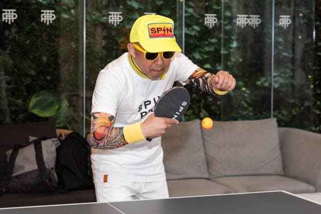 August 27, 2026, Bronx, New York, USA: Kazuyuki Yokoyama aka Kaz The Kazmanian Devil plays an exhibition game of table tennis with elite big tennis players and guests during Game. Set. Spin event ahead of US Open Championship at Park Terrace Hotel in New York, NY on August 27, 2026. He was joined by Belinda Bencic, Tomas Martin Etcheverry, Martin Damm and Giovanni Mpetshi Perricard Bronx USA - ZUMAr339 20260827_znp_r339_004 Copyright: xLevxRadinx