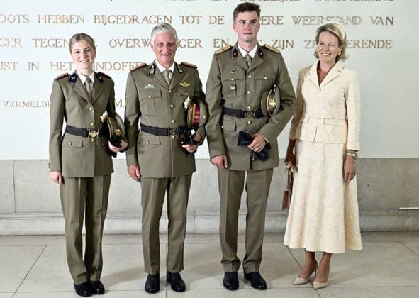 Crown Princess Elisabeth; King Philippe - Filip of Belgium; Prince Gabriel and Queen Mathilde of Belgium pose for the photographer during the graduation ceremony for cadets at the Royal Military Academy (RMA), in Brussels, on Friday 28 August 2026. Graduates of the 176th Polytechnic Class, the 162nd Class in Social and Military Sciences to which the Prince belongs and various classes of the Special Division are honored during the ceremony.  ERICxLALMAND 184538543