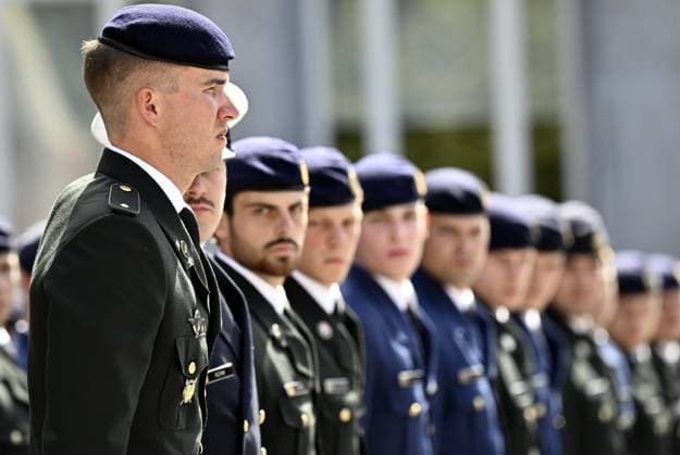 Prince Gabriel is pictured during the graduation ceremony for cadets at the Royal Military Academy (RMA), in Brussels, on Friday 28 August 2026. Graduates of the 176th Polytechnic Class, the 162nd Class in Social and Military Sciences to which the Prince belongs and various classes of the Special Division are honored during the ceremony.  ERICxLALMAND 184537613