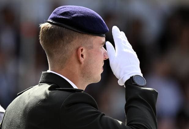 Prince Gabriel pictured during the graduation ceremony for cadets at the Royal Military Academy (RMA), in Brussels, on Friday 28 August 2026. Graduates of the 176th Polytechnic Class, the 162nd Class in Social and Military Sciences to which the Prince belongs and various classes of the Special Division are honored during the ceremony.  ERICxLALMAND 184537594