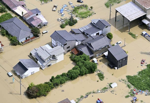 Torrential rain in central Japan Photo taken from a Kyodo News helicopter on Aug. 28, 2026, shows submerged houses in Himi in Toyama Prefecture, central Japan, following torrential rain.  A14AA0005626757P