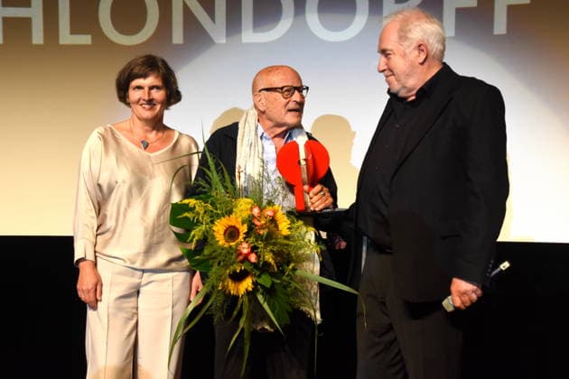 Film Rückkehr nach Montauk . Daniela Goetz Festivalintendantin Volker Schlöndorff Regisseur Filmvestival Ludwigshafen Ehrenpreistraeger Dr. Michael Goetz Laudator Festival Intendant Ludwigshafen 28.08.2026 am Rheinufer 22.Festival des Deutschen Films 2026 Foto Ludwigshafen