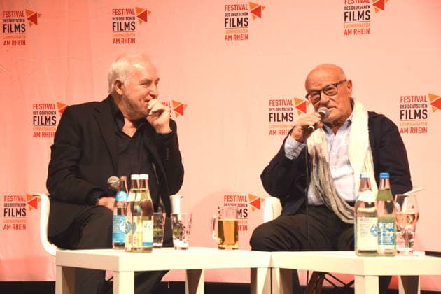 Filmgespraech Film Rückkehr nach Montauk . Dr Michael Goetz Filmvestivalintendant Volker Schlöndorff Regisseur Filmvestival Ludwigshafen Ehrenpreistraeger Ludwigshafen 28.08.2026 am Rheinufer 22.Festival des Deutschen Films 2026 Foto Ludwigshafen