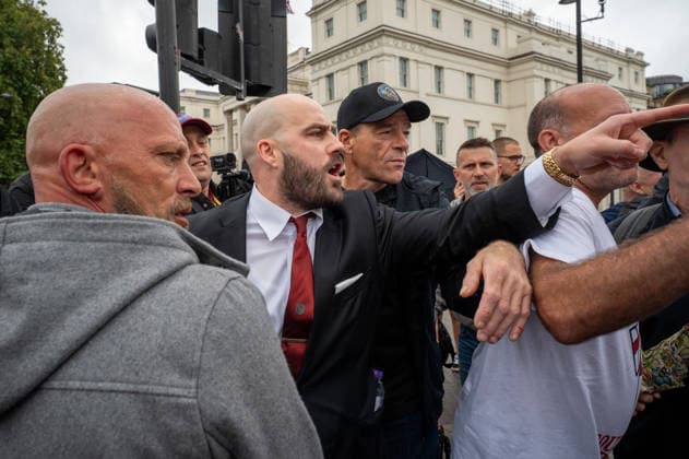 August 29, 2026, London, Westminster, United Kingdom: UKIP leader Nick Tenconi seen during the No to Sharia Law protest in central London. UKIP leader Nick Tenconi led supporters on a march and rally through central London calling for an end to Sharia law in Great Britain. The demonstration, organized under the banner No to Sharia Law, was met by a counter-protest. Tensions rose at the start of the march, with counter-protesters pushing against police officers as officers attempted to keep the opposing groups apart. The Metropolitan Police had imposed conditions on both demonstrations to prevent serious disorder. London United Kingdom  - ZUMAs197 20260829_aaa_s197_175 Copyright: xJamesxWilloughbyx