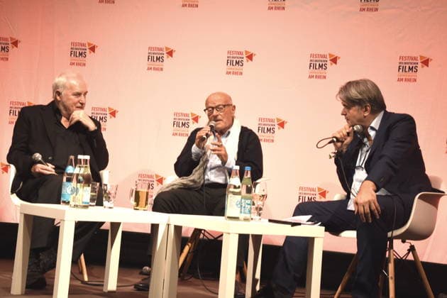 Filmgespraech Film Rückkehr nach Montauk . Dr Michael Goetz Festivalintendant Volker Schlöndorff Regisseur Festival Ehrenpreistraeger 2026 Ruediger Suchsland Gespraechsleiter Ludwigshafen 28.08.2026 am Rheinufer 22.Festival des Deutschen Films 2026 Foto Ludwigshafen