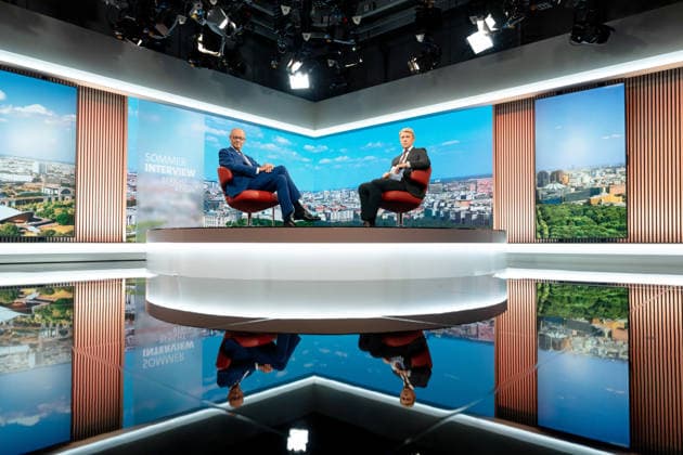 ARD-Sommerinterview, Bundeskanzler, Friedrich Merz Berlin, ARD-Sommerinterview, Bundeskanzler, Friedrich Merz, CDU, Moderator, Markus Preiß, ARD-Hauptstadtstudio Berlin Berlin GER *** ARD Summer Interview, Federal Chancellor, Friedrich Merz, Berlin, ARD Summer Interview, Federal Chancellor, Friedrich Merz, CDU, Host, Markus Preiß, ARD Berlin Capital Studio, Berlin, GER