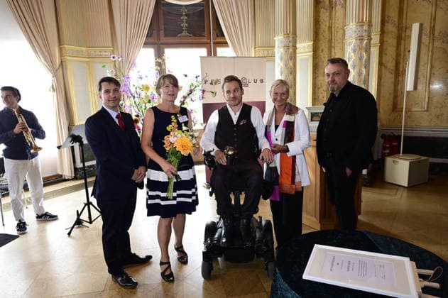 Tobias Wolf, Sabine Mutschke, Samuel Koch, Kirsten Fehrs und Andreas Weller bei der 27. Verleihung des renommierten Erich-Kästner-Preis an Samuel Koch durch den Presseclub Dresden im Schloss Albrechtsberg. Dresden, 30.08.2026 Copyright: xMatthiasxWehnertx