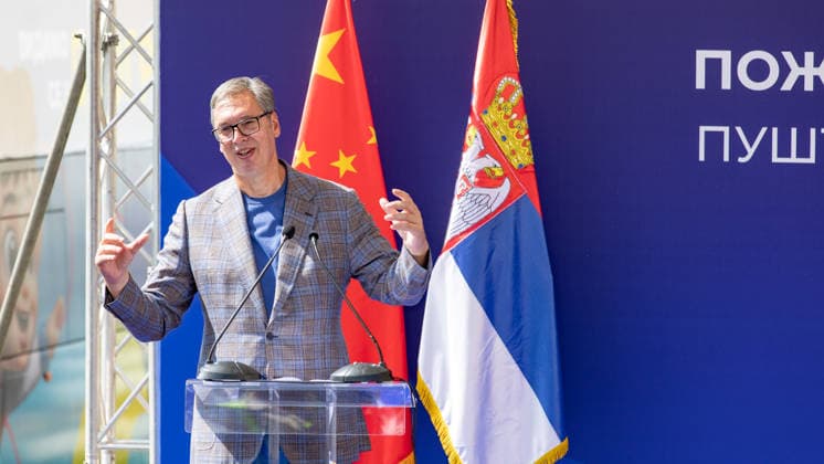 (260831) -- POZAREVAC, Aug. 31, 2026 -- Serbian President Aleksandar Vucic addresses the opening ceremony of the Chinese-built Danube Corridor expressway in Pozarevac, Serbia, on Aug. 30, 2026. The Chinese-built Danube Corridor expressway will boost Serbia s economic development, Serbian President Aleksandar Vucic said Sunday at the expressway s opening ceremony. The expressway officially opened to traffic on Monday. TO GO WITH Chinese-built expressway opens to boost Serbia s economic development: Serbian president (Photo by Xinhua) SERBIA-POZAREVAC-CHINESE-BUILT EXPRESSWAY-OPENING WangxWei 