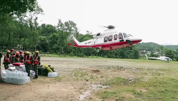 RECORD DATE NOT STATED Nepal Army personnel distribute relief materials sent by India to flash flood-affected people using a helicopter in Nuwakot Nuwakot Nepal , Aug 31 (ANI): Nepal Army personnel distribute relief materials sent by India to flash flood-affected people using a helicopter, in Nuwakot on Monday. (ANI Video Grab) Nuwakot Nepal Copyright: xANIx ANI_20260831187